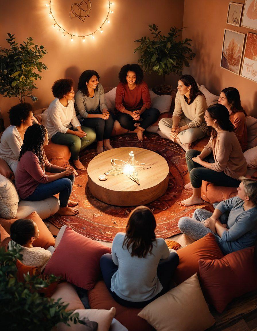 A diverse group of individuals seated in a cozy circle, sharing stories and laughter, surrounded by warm, inviting colors and soft lighting. In the background, supportive symbols such as hearts and hands intertwined, representing unity and compassion. Include elements of wellness like plants and comforting cushions, emphasizing healing together. super-realistic. warm tones. cozy atmosphere.