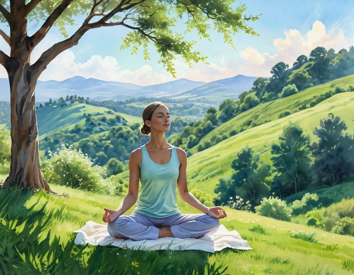 A serene, peaceful scene featuring a cancer survivor practicing mindfulness on a lush green hillside. Soft sunlight filters through the trees, illuminating the individual meditating quietly, surrounded by blooming flowers symbolizing hope and renewal. In the background, gentle rolling hills merge with a tranquil blue sky, evoking a sense of calm and healing. Overlay subtle elements of self-care like a journal and essential oils placed nearby. watercolor painting. soft pastel colors. ethereal lighting.