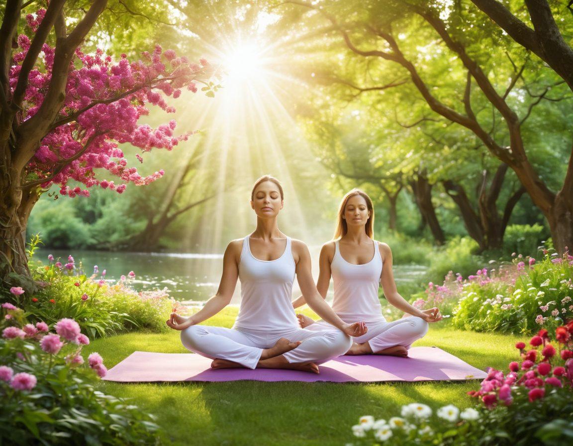 An inviting and serene landscape featuring a diverse group of individuals engaged in various wellness activities like yoga and meditation, surrounded by vibrant greenery and blooming flowers symbolizing growth and healing. Incorporate elements of nature such as water flowing gently nearby, and sunlight streaming through the trees, creating a sense of tranquility and hope. The atmosphere should evoke feelings of empowerment and community, reflecting holistic health practices for cancer prevention and survivorship. super-realistic. vibrant colors. peaceful background.